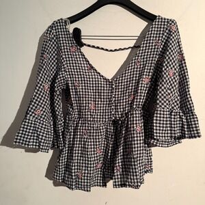 Coco Jaimeson Small Gingham Floral Embroidered‎ Babydoll Top Ruffle Cottagecore